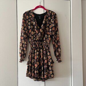 Bloomingdale's Aqua Longsleeve Black Floral Short Cocktail Dress - Small